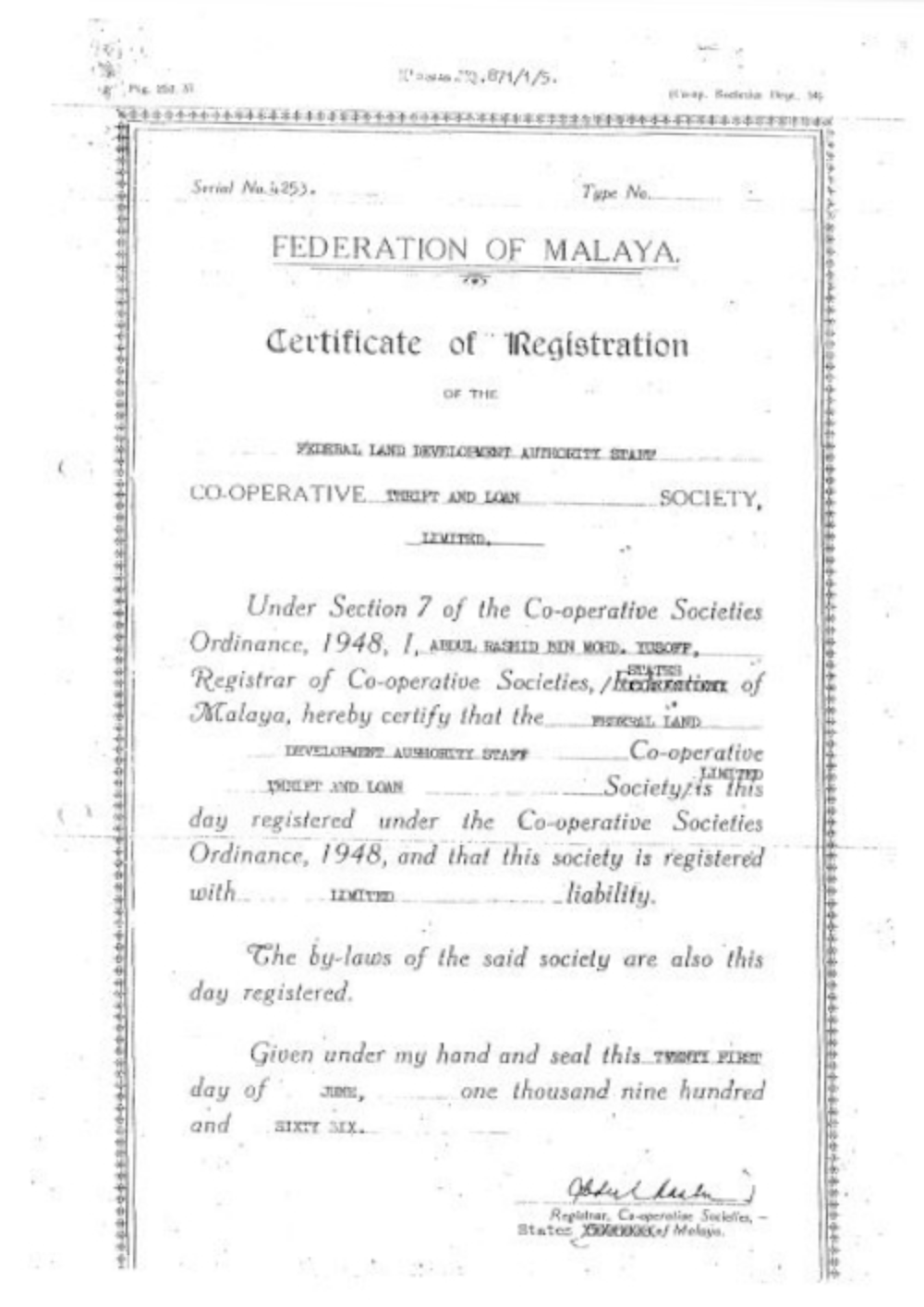 Sijil pendaftaran 1966